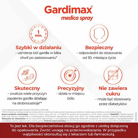 Gardimax medica spray, lek na ból gardła z lidokainą bez cukru, aerozol do stosowania w jamie ustnej o smaku miętowym, 30 ml