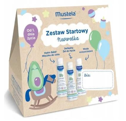 MUSTELA Zestaw Startowy Noworodka Delikatny żel do mycia, 100 ml, Woda oczyszczająca, 100 ml, Mleczko do ciała, 100 ml