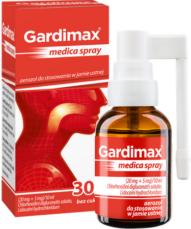 Gardimax medica spray, lek na ból gardła z lidokainą bez cukru, aerozol do stosowania w jamie ustnej o smaku miętowym, 30 ml