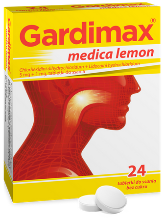 GARDIMAX MEDICA LEMON lek na ból gardła z lidokainą bez cukru, 24 tabletki do ssania o smaku cytrynowym