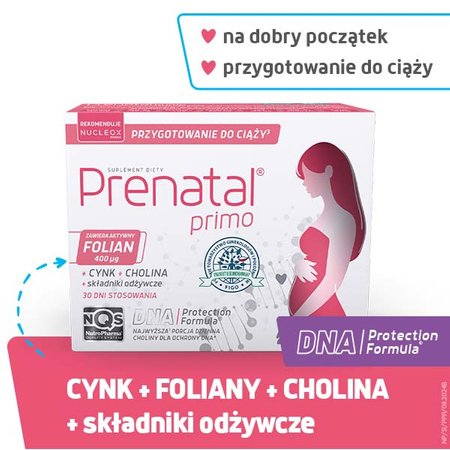 Prenatal Primo – przygotowanie do ciąży, zestaw witamin przed ciążą z choliną, cynkiem i aktywnym folianem, 30 kapsułek