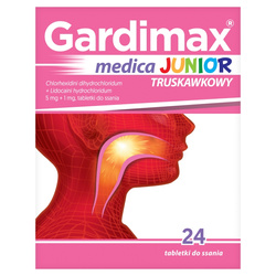 Gardimax Medica Junior, tabletki do ssania dla dzieci łagodzące ból gardła o smaku truskawkowym, 24 sztuk 