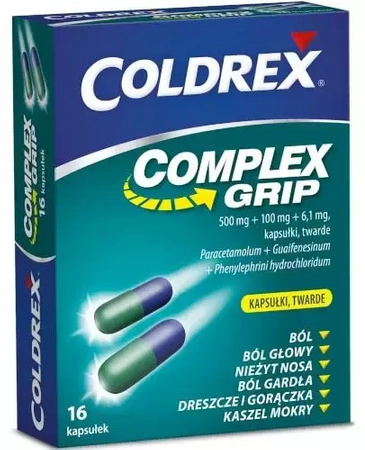 Coldrex Complex Grip kapsułki twarde (500mg + 100 mg + 6,1 mg), 16 kapsułek