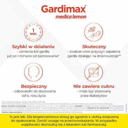 GARDIMAX MEDICA LEMON lek na ból gardła z lidokainą bez cukru, 24 tabletki do ssania o smaku cytrynowym