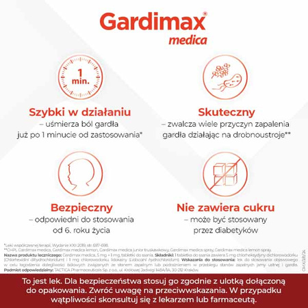 GARDIMAX MEDICA lek na ból gardła z lidokainą bez cukru, 24 tabletki do ssania o smaku miętowym