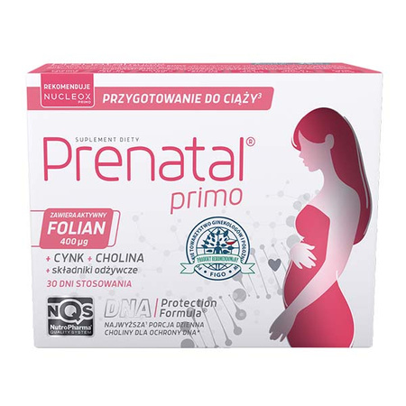 Prenatal Primo – przygotowanie do ciąży, zestaw witamin przed ciążą z choliną, cynkiem i aktywnym folianem, 30 kapsułek