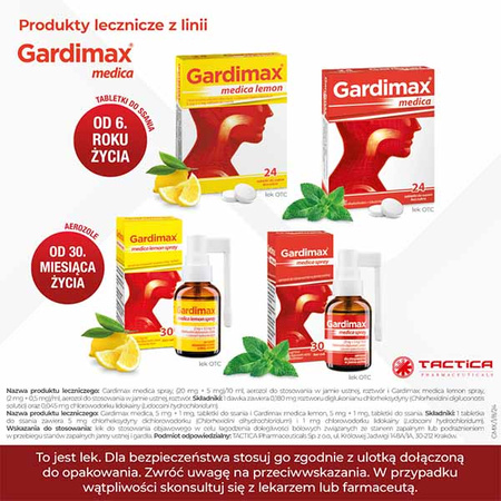 Gardimax medica spray, lek na ból gardła z lidokainą bez cukru, aerozol do stosowania w jamie ustnej o smaku miętowym, 30 ml