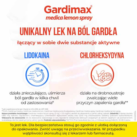 Gardimax medica lemon spray, lek na ból gardła z lidokainą bez cukru, aerozol do stosowania w jamie ustnej o smaku cytrynowym, 30 ml