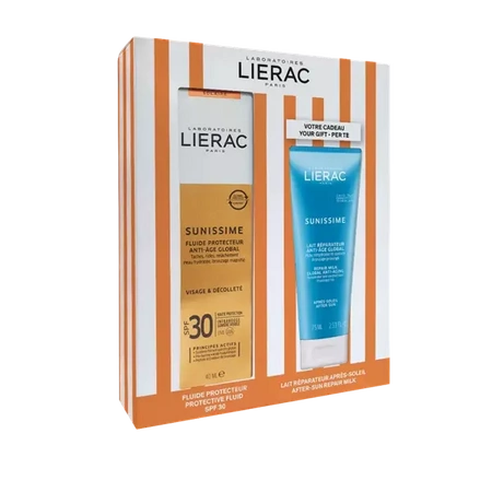 Lierac  Sunissime Zestaw, Emulsja ochronna twarz i dekolt SPF 30, 40 ml + Mleczko po opalaniu, 75 ml