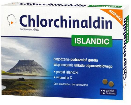 Chlorchinaldin ISLANDIC pastylki do ssania, 12 pastylek