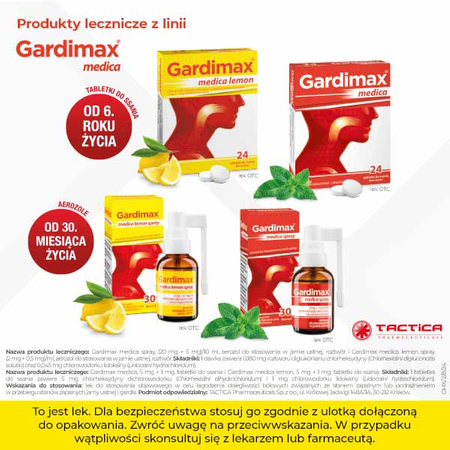 Gardimax medica lemon spray, lek na ból gardła z lidokainą bez cukru, aerozol do stosowania w jamie ustnej o smaku cytrynowym, 30 ml