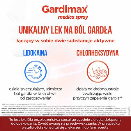 Gardimax medica spray, lek na ból gardła z lidokainą bez cukru, aerozol do stosowania w jamie ustnej o smaku miętowym, 30 ml