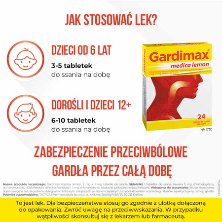 GARDIMAX MEDICA LEMON lek na ból gardła z lidokainą bez cukru, 24 tabletki do ssania o smaku cytrynowymData ważności 2025.12.30