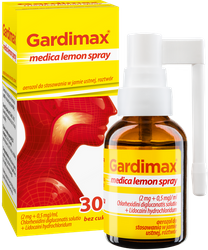 Gardimax medica lemon spray, lek na ból gardła z lidokainą bez cukru, aerozol do stosowania w jamie ustnej o smaku cytrynowym, 30 ml