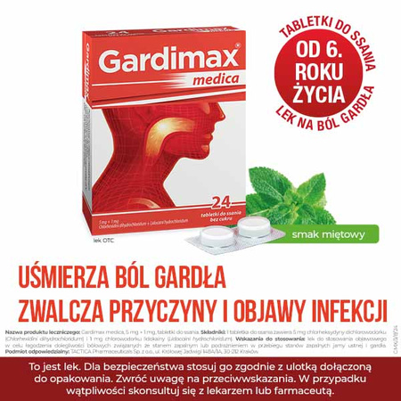 GARDIMAX MEDICA lek na ból gardła z lidokainą bez cukru, 24 tabletki do ssania o smaku miętowym