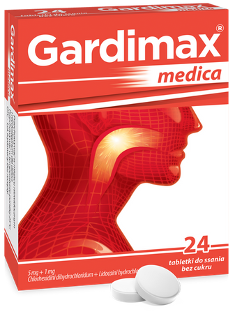 GARDIMAX MEDICA lek na ból gardła z lidokainą bez cukru, 24 tabletki do ssania o smaku miętowym