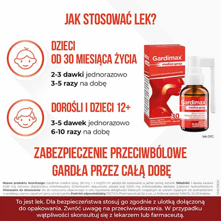 Gardimax medica spray, lek na ból gardła z lidokainą bez cukru, aerozol do stosowania w jamie ustnej o smaku miętowym, 30 ml