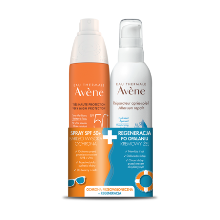 AVENE Spray SPF50+,  200ml + Kremowy Żel Regenerujący po opalaniu, 200ml