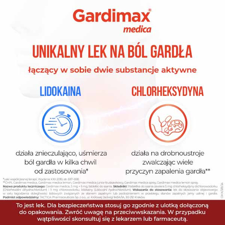 GARDIMAX MEDICA lek na ból gardła z lidokainą bez cukru, 24 tabletki do ssania o smaku miętowym