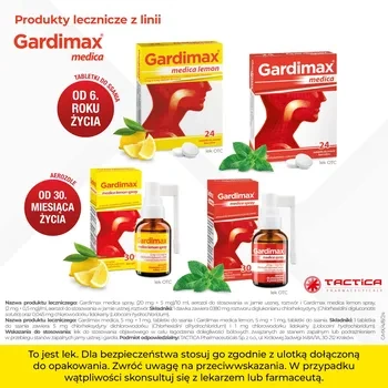 GARDIMAX MEDICA LEMON lek na ból gardła z lidokainą bez cukru, 24 tabletki do ssania o smaku cytrynowym