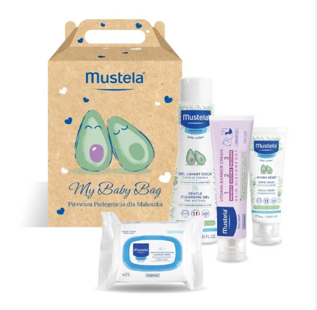 MUSTELA My Baby Bag Pierwsza pielęgnacja dla maluszka, Delikatny żel do mycia, 200 ml + Krem do twarzy, 40 ml + Chusteczki Oczyszczające, 25 szt.+ Krem do przewijania, 50 ml