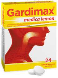 GARDIMAX MEDICA LEMON lek na ból gardła z lidokainą bez cukru, 24 tabletki do ssania o smaku cytrynowymData ważności 2025.12.30