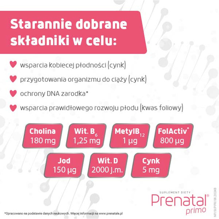 Prenatal Primo – przygotowanie do ciąży, zestaw witamin przed ciążą z choliną, cynkiem i aktywnym folianem, 30 kapsułek