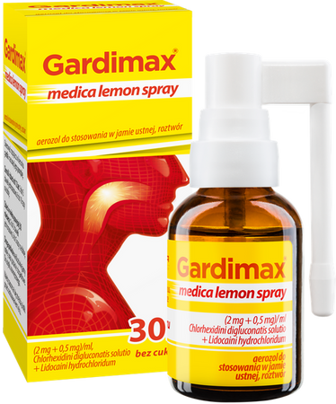 Gardimax medica lemon spray, lek na ból gardła z lidokainą bez cukru, aerozol do stosowania w jamie ustnej o smaku cytrynowym, 30 ml