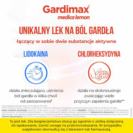 GARDIMAX MEDICA LEMON lek na ból gardła z lidokainą bez cukru, 24 tabletki do ssania o smaku cytrynowymData ważności 2025.12.30