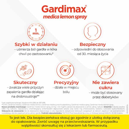 Gardimax medica lemon spray, lek na ból gardła z lidokainą bez cukru, aerozol do stosowania w jamie ustnej o smaku cytrynowym, 30 ml