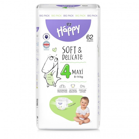 Bella Happy Soft & Delicate, pieluszki, rozmiar 4 Maxi 8-14 kg, 62 szt.