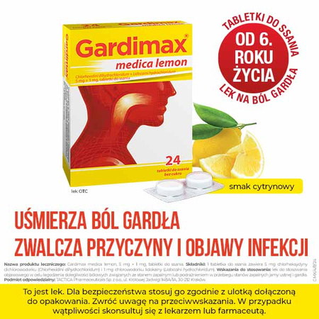 GARDIMAX MEDICA LEMON lek na ból gardła z lidokainą bez cukru, 24 tabletki do ssania o smaku cytrynowymData ważności 2025.12.30