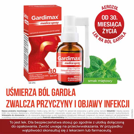 Gardimax medica spray, lek na ból gardła z lidokainą bez cukru, aerozol do stosowania w jamie ustnej o smaku miętowym, 30 ml