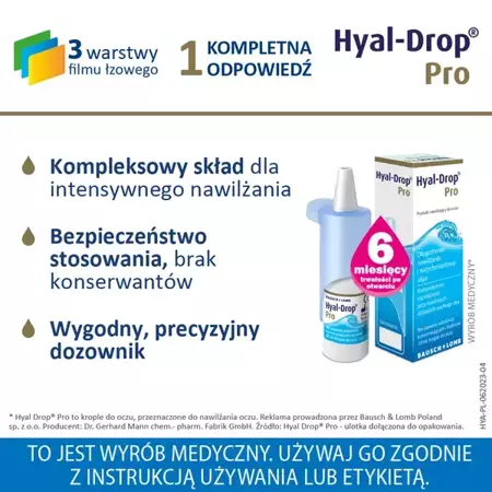 Hyal-Drop Pro, nawilżające krople do oczu, 10 ml