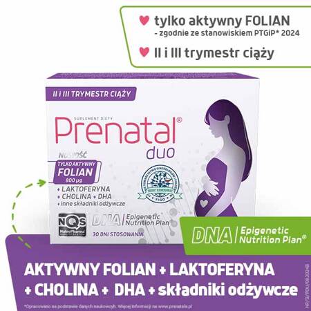 Prenatal DUO – witaminy z DHA, aktywnym folianem, laktoferyną i choliną dla kobiet w II i III trymestrze ciąży, 60 + 30 kapsułek 