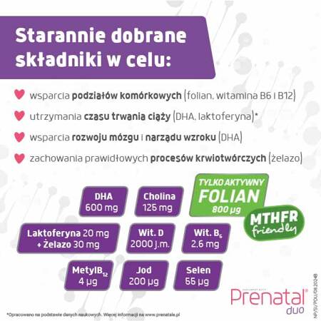 Prenatal DUO – witaminy z DHA, aktywnym folianem, laktoferyną i choliną dla kobiet w II i III trymestrze ciąży, 60 + 30 kapsułek 