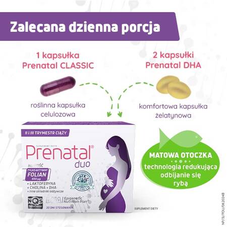 Prenatal DUO – witaminy z DHA, aktywnym folianem, laktoferyną i choliną dla kobiet w II i III trymestrze ciąży, 60 + 30 kapsułek 