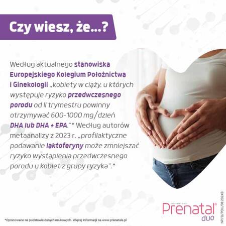 Prenatal DUO – witaminy z DHA, aktywnym folianem, laktoferyną i choliną dla kobiet w II i III trymestrze ciąży, 60 + 30 kapsułek 