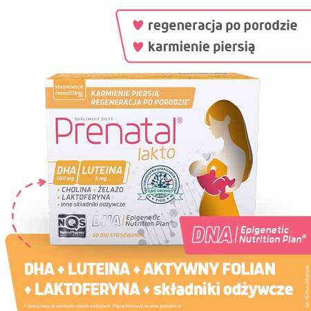 Prenatal LAKTO – witaminy dla kobiet karmiących piersią, z DHA, aktywnym folianem, luteiną i choliną, dla kobiet w okresie laktacji, 30 + 30 kapsułek 