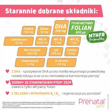 Prenatal LAKTO – witaminy dla kobiet karmiących piersią, z DHA, aktywnym folianem, luteiną i choliną, dla kobiet w okresie laktacji, 30 + 30 kapsułek 