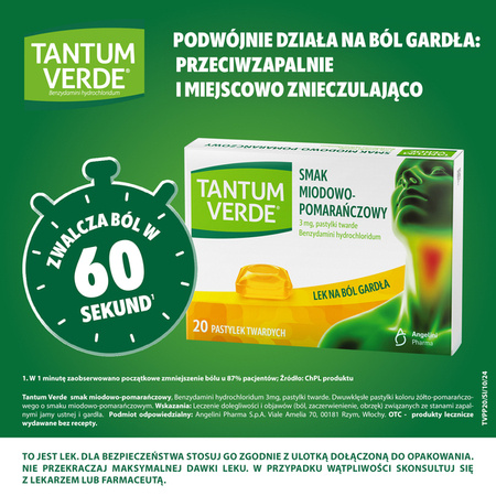 Tantum Verde 3 mg, smak miodowo-pomarańczowy, 20 pastylek twardych