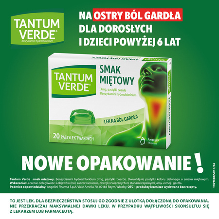 Tantum Verde pastylki smak miętowy, 20 pastylek